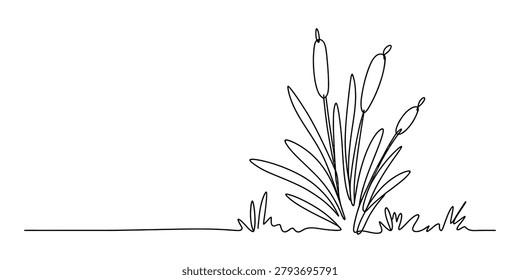 Continuous single line drawing of cattail plants in a marshy wetland Vector, illustration