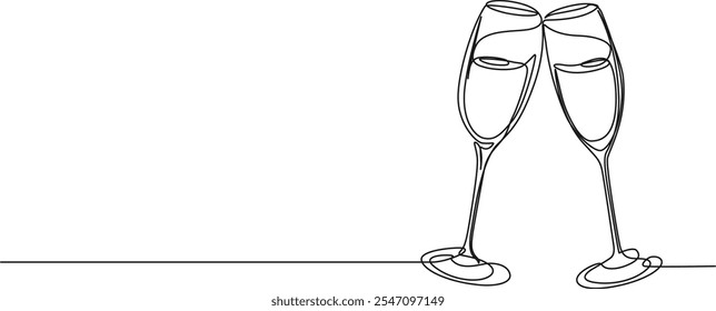 Dibujo continuo de una sola línea de copas de champán tintineando, Ilustración vectorial de arte de línea