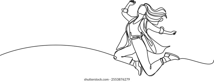 continuous single line drawing of cheerful woman jumping up in joy, line art vector illustration