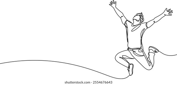 continuous single line drawing of cheerful man jumping, line art vector illustration