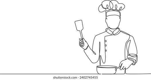 continuous single line drawing of chef with frying pan and spatula, line art vector illustration