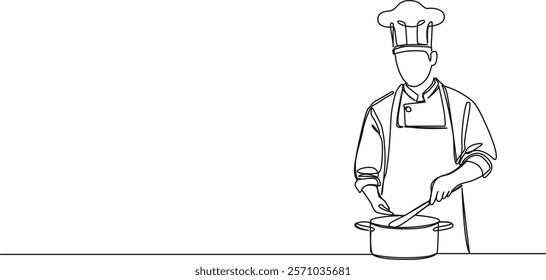 continuous single line drawing of chef in kitchen preparing meal, one line vector illustration