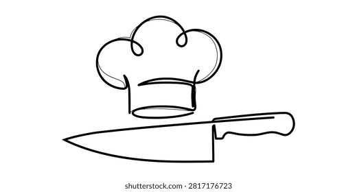 Continuous single line drawing of a chef hat and a kitchen knife for restaurant logo or cooking concept design Vector, illustration