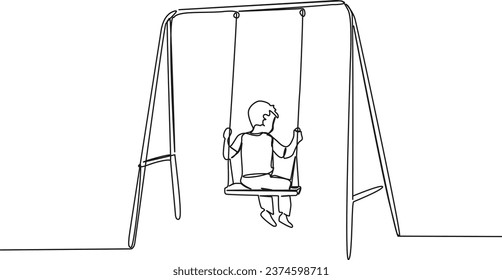 continuous single line drawing of child on swing set, line art vector illustration