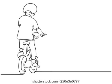 Continuous single line drawing of a child biking with a helmet, doodle vector art.
