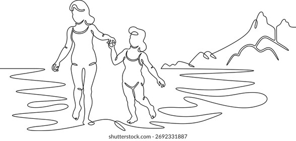 Continuous single line drawing Child on the beach. Summer vacation. Children in summer.Linear . One continuous line isolated minimalist illustration. Not AI.