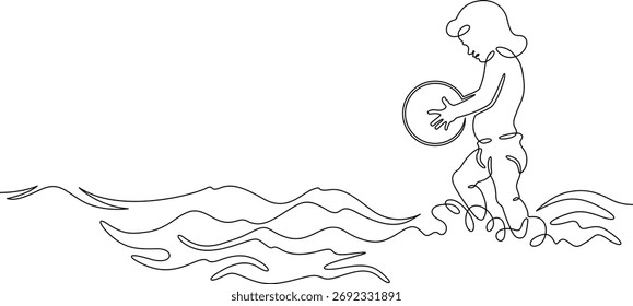 Continuous single line drawing Child on the beach. Summer vacation. Children in summer.Linear . One continuous line isolated minimalist illustration. Not AI.