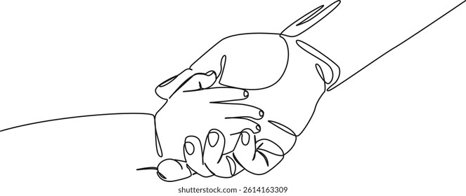 continuous single line drawing of childs hand in parents hand, line art vector illustration