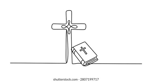 Continuous single line drawing of a christian cross and a holy bible book Vector, illustration