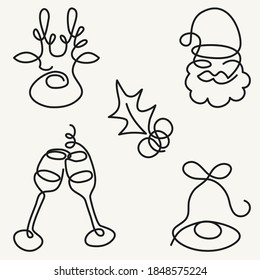 Continuous single line drawing, Christmas, winter holidays, New Year graphic. Black contour Santa Claus, jingle bell, reindeer, poinsettia, glasses sparkling wine. Vector one-line minimalist artwork