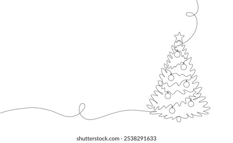 Continuous single line drawing of Christmas tree. 2022, Christmas and New Year. Simple single line Christmas card design element. Vector illustration