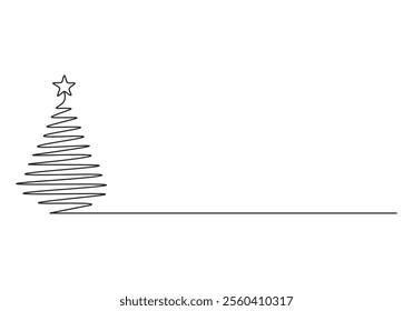 Continuous single line drawing of Christmas tree with star on top. Isolated on white background vector illustration