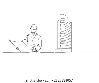Desenho contínuo de linha única de engenheiro civil lendo o documento de projeto e o prédio corporativo da empresa. Arquiteto de leitura de documentos gráficos ilustração vetorial de linha única. Descrição editável.