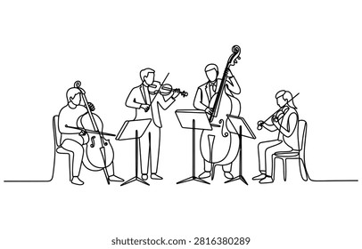 Continuous single line drawing of a classical string quartet playing music with violin cello and double bass instruments on stage Vector, illustration
