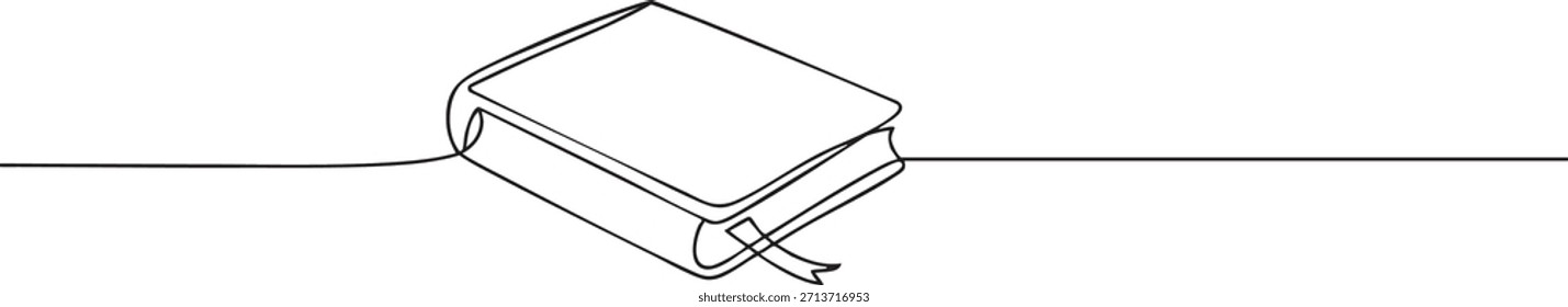 Kontinuierliche einzeilige Zeichnung eines geschlossenen Buches mit einem Lesezeichen in einem sauberen minimalistischen Umrissstil, moderne Vektorgrafik