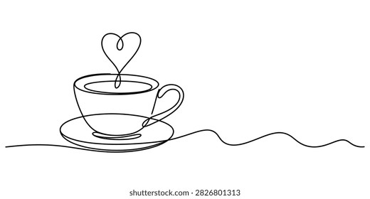 Continuous single line drawing of a coffee cup with a heart shape steam on a saucer Vector, illustration