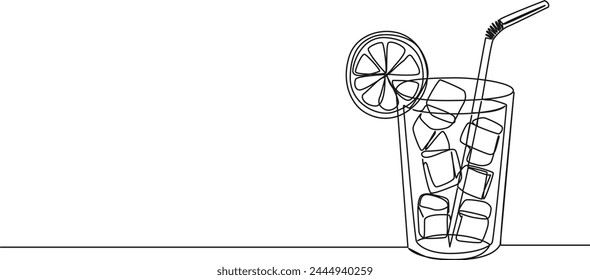 continuous single line drawing of cold beverage in drinking glass with ice cubes and straw, line art vector illustration