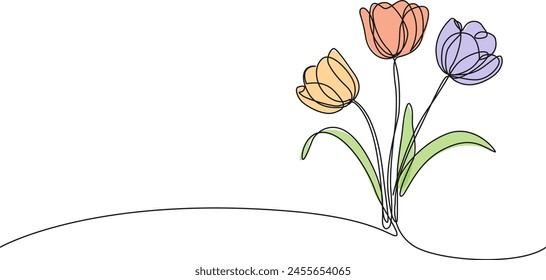 Durchgehende Einzelzeilenzeichnung von bunten Tulpen, Line Art Vektorillustration