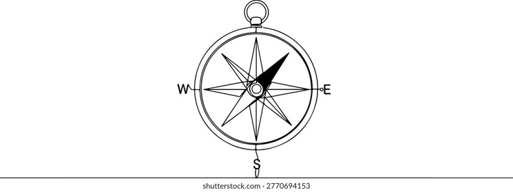 Continuous single line drawing of a compass with needle, depicting navigation and direction, line art style vector illustration.