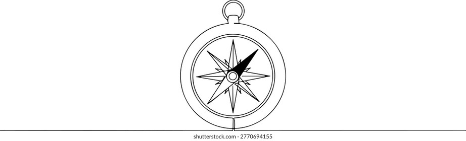 Continuous single line drawing of a compass with needle, depicting navigation and direction, line art style vector illustration.