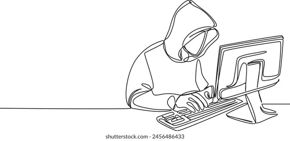 continuous single line drawing of computer hacker stereotype, line art vector illustration