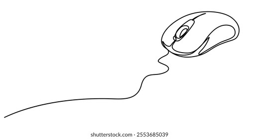 Continuous single line drawing of computer mouse icon. Vector illustration, Continuous line drawing. Computer mouse sign. Hand drawn illustration with black line on white background. Vector symbol.