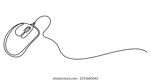 Continuous single line drawing of computer mouse icon. Vector illustration, Continuous line drawing. Computer mouse sign. Hand drawn illustration with black line on white background. Vector symbol.