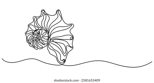 Continuous single line drawing of conch snail shell. Seashell symbol and banner of beauty spa and wellness salon in simple linear style. Vector illustration, Seashell drawing in the form of one pro. 