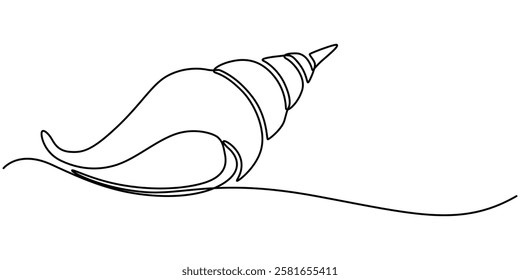 Continuous single line drawing of conch snail shell. Seashell symbol and banner of beauty spa and wellness salon in simple linear style. Vector illustration, Seashell drawing in the form of one pro. 