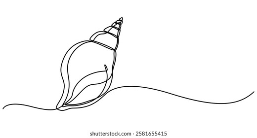 Continuous single line drawing of conch snail shell. Seashell symbol and banner of beauty spa and wellness salon in simple linear style. Vector illustration, Seashell drawing in the form of one pro. 