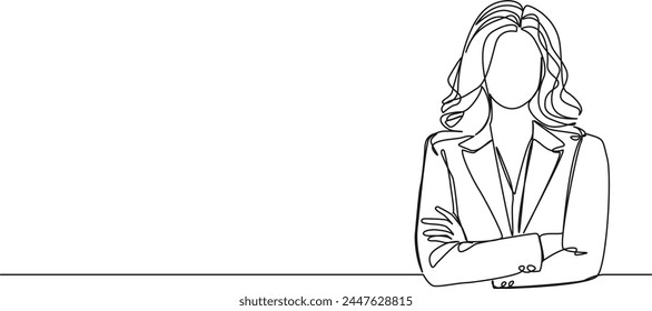 continuous single line drawing of confident woman in business attire, arms crossed, line art vector illustration