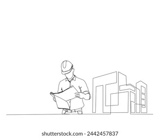 Continuous single line drawing of construction worker reading blueprint paper and modern house real estate. Architect reading blueprint paper single line vector illustration. Editable stroke.