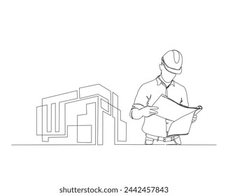 Dibujo continuo de una sola línea de un trabajador de la construcción que lee el papel del anteproyecto y los bienes raíces de la casa moderna. Ilustración vectorial de una sola línea de papel plano de lectura del arquitecto. Trazo editable.