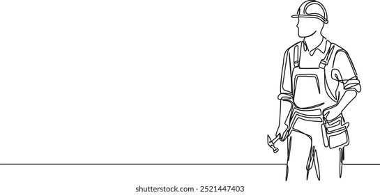 continuous single line drawing of construction worker with hard hat, line art vector illustration