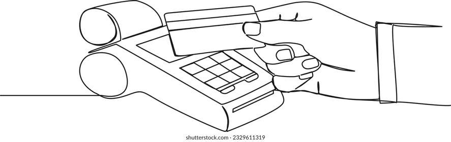 continuous single line drawing of contactless nfc credit card payment, hand holding credit card against card reader machine line art vector illustration