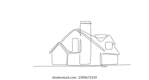 Continuous single line drawing of country house. One line sketch of residential building. Modern villa in line art style. Minimalistic linear style for logo, concept. Editorial stroke. Doodle vector