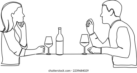 continuous single line drawing of couple sitting at dinner table drinking wine, line art vector illustration
