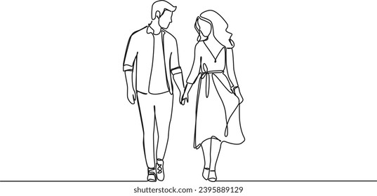 continuous single line drawing of couple walking hand in hand, line art vector illustration