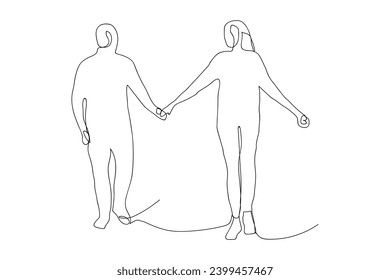 Continuous single line drawing of a couple holding hands and walking