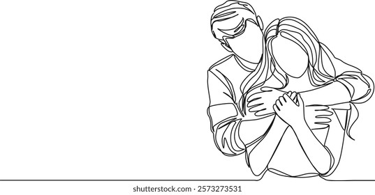 continuous single line drawing of couple hugging, man wrapping arms around woman from behind, line art vector illustration