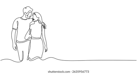 Continuous single line drawing of a couple holding hands and walking, Continuous one line drawing of young Couple Walking Together. Single line drawing illustration of romantic back view couple.