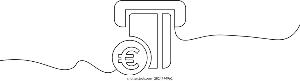Continuous single line drawing of a credit card being inserted into an atm machine with a euro coin symbol representing banking finance and money withdrawal concept
