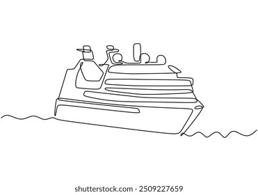 Dibujo continuo de una sola línea de un crucero. Representa el buque marítimo en un diseño de Vector minimalista.