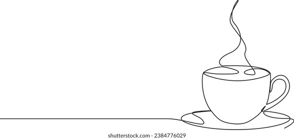 continuous single line drawing of cup with steaming hot coffee or tea, line art vector illustration