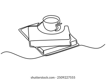 Dibujo continuo de una sola línea de una taza que descansa sobre dos libros. Simboliza la contemplación y la relajación en un estilo minimalista.