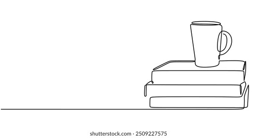 Continuous single line drawing of a cup of coffee on a stack of books. Represents a cozy reading environment in a minimalist design.