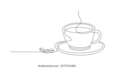 Continuous single line drawing of a cup of hot coffee with copy space. Coffee bean vector illustration. Coffee logo. 