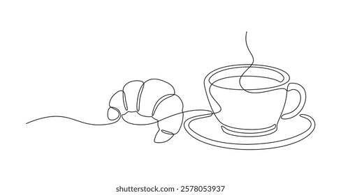 Continuous single line drawing of a cup hot coffee and croissant. Hot drink and snack vector illustration. Cafe logo. 