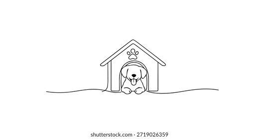 Dibujo continuo de una sola línea de un lindo perro sentado dentro de una perrera, que simboliza el cuidado de las mascotas, el hogar, la seguridad, la lealtad y el amor por los animales.