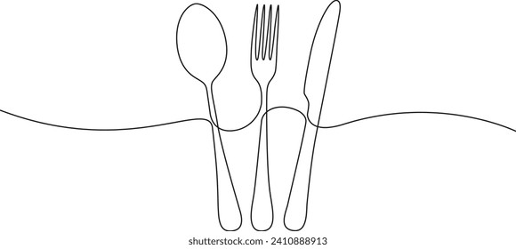 continuous single line drawing of cutlery, fork, knife and spoon, line art vector illustration